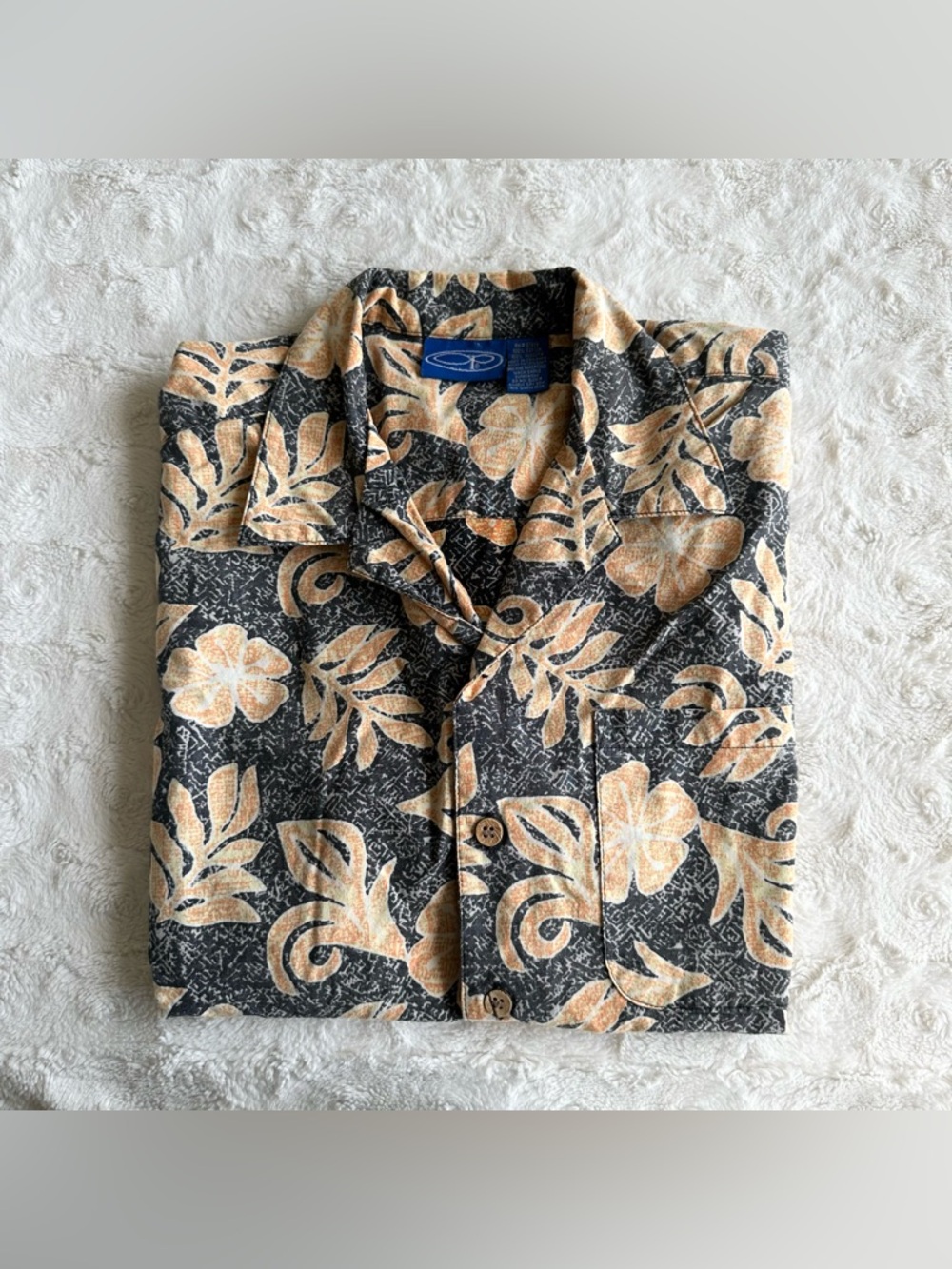 Vintage Ocean Pacific OP Hawaiian Shirt Mens Medium Gray Camp Floral Reverse Y2K